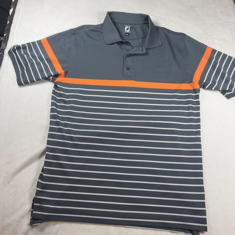 FootJoy Polo Shirt Mens Large Gray Orange‎ Striped Golf Athletic Fit Performance